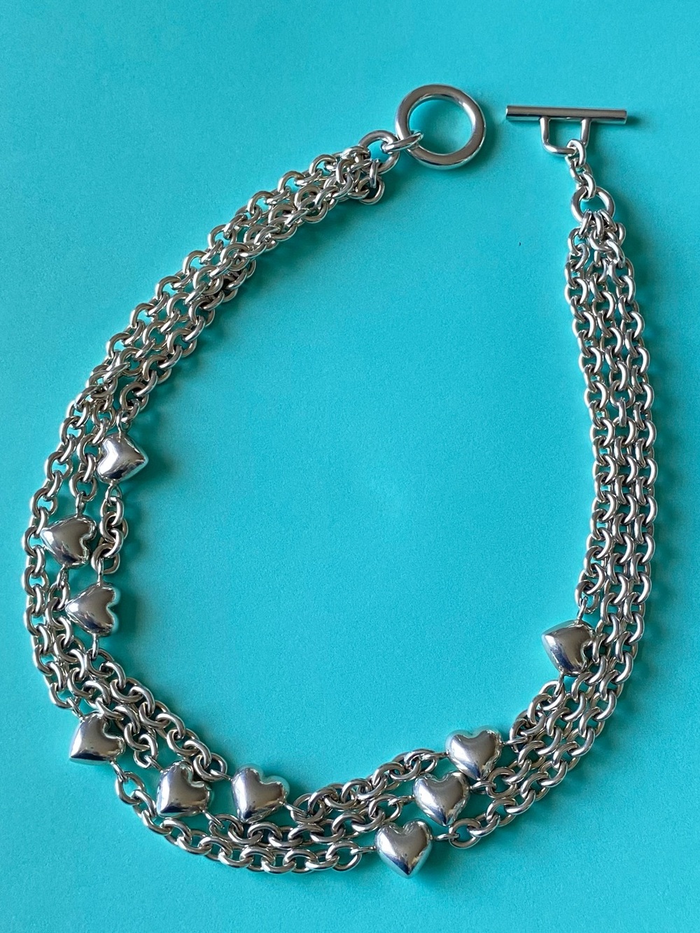 Tiffany & Co Multi Strand puff hearts heavy chain necklace.